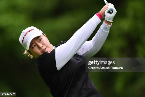 Sun-Ju Ahn of South Korea hits her tee shot on the 3rd hole during the second round of the Nipponham Ladies Classic at the Ambix Hakodate Club on...