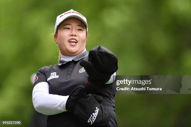 Sun-Ju Ahn of South Korea smiles during the second round of the Nipponham Ladies Classic at the Ambix Hakodate Club on July 7, 2018 in Hokuto,...