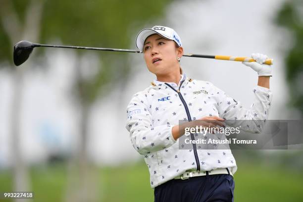 Erina Hara of Japan hits her tee shot on the 16th hole during the second round of the Nipponham Ladies Classic at the Ambix Hakodate Club on July 7,...