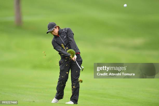 Rumi Yoshiba of Japan hits her second shot on the 14th hole during the second round of the Nipponham Ladies Classic at the Ambix Hakodate Club on...