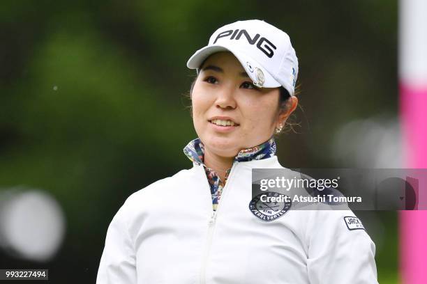 Mamiko Higa of Japan smiles during the second round of the Nipponham Ladies Classic at the Ambix Hakodate Club on July 7, 2018 in Hokuto, Hokkaido,...