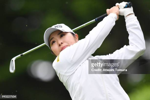 Mamiko Higa of Japan hits her tee shot on the 17th hole during the second round of the Nipponham Ladies Classic at the Ambix Hakodate Club on July 7,...