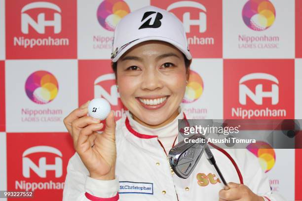 Yukari Nishiyama of Japan poses after making a 'Hole in one' on the 17th hole during the second round of the Nipponham Ladies Classic at the Ambix...
