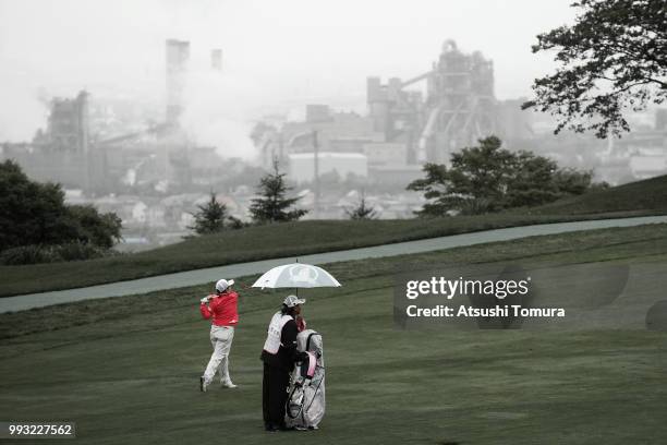 Kana Nagai of Japan hits her second shot on the 10th hole during the second round of the Nipponham Ladies Classic at the Ambix Hakodate Club on July...