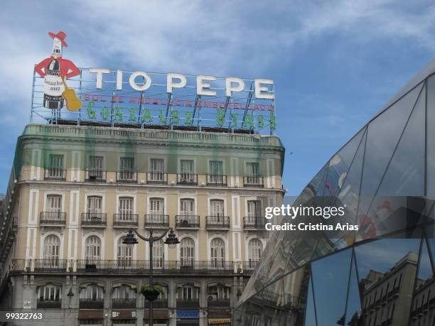 Tio Pepe traditional advertisement in Puerta del Sol, Madrid, Spain, april 2010 .