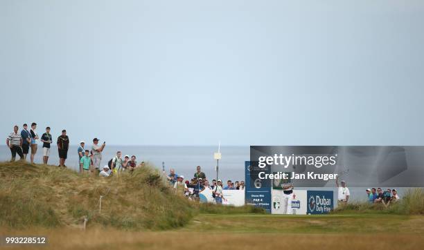 Jon Rahm of Spain hits his tee-shot on the sixth hole during the third round of the Dubai Duty Free Irish Open at Ballyliffin Golf Club on July 7,...