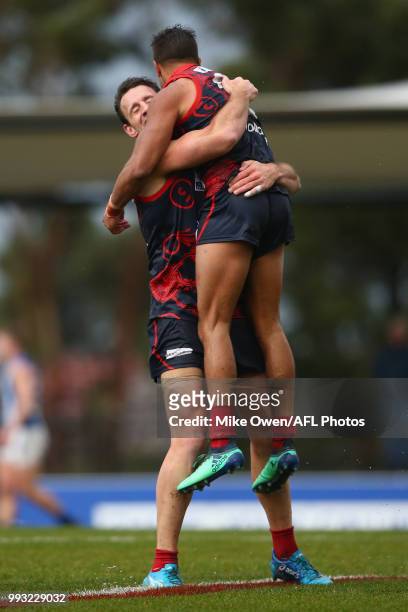Jay Kennedy-Harris of the Demons celebrates after kicking a goal during the round 14 VFL match between Casey and North Melbourne at Casey Fields on...