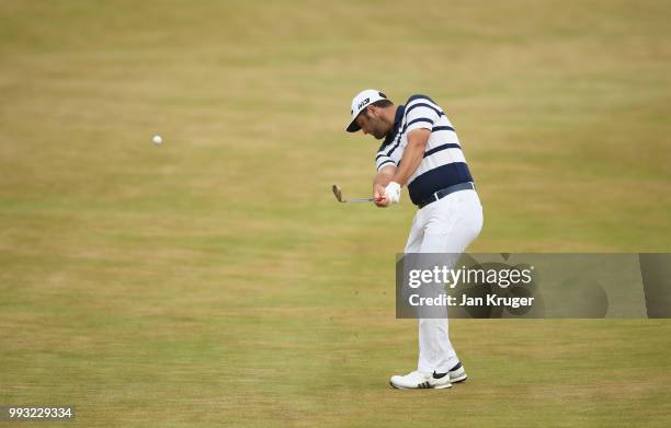 Jon Rahm of Spain plays his second shot on the sixth hole during the third round of the Dubai Duty Free Irish Open at Ballyliffin Golf Club on July...