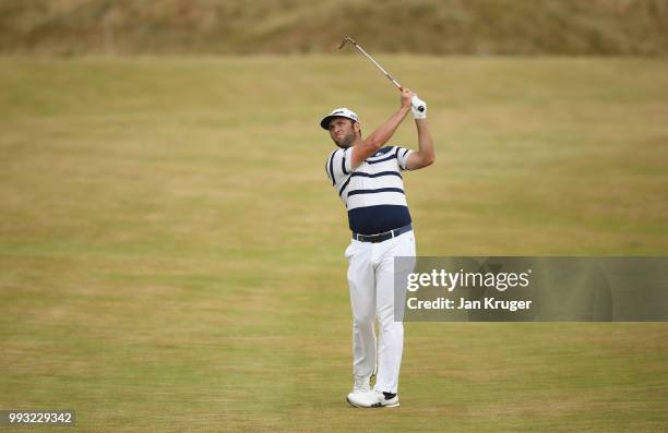 Jon Rahm of Spain plays his second shot on the sixth hole during the third round of the Dubai Duty Free Irish Open at Ballyliffin Golf Club on July...