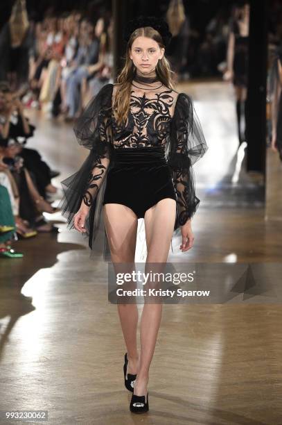 Model walks the runway during the Yanina Couture Haute Couture Fall Winter 2018/2019 show as part of Paris Fashion Week on July 3, 2018 in Paris,...