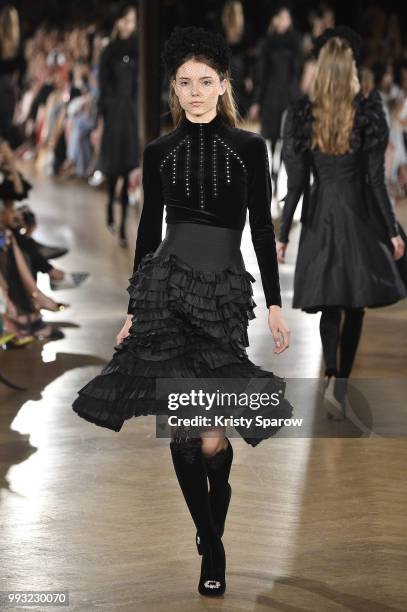 Model walks the runway during the Yanina Couture Haute Couture Fall Winter 2018/2019 show as part of Paris Fashion Week on July 3, 2018 in Paris,...