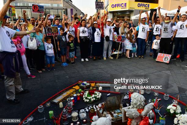 Demonstrators gather in Banja Luka city center, on July 3, 2018 during the 100th day of a demonstration asking for justice for David Dragicevic, a...