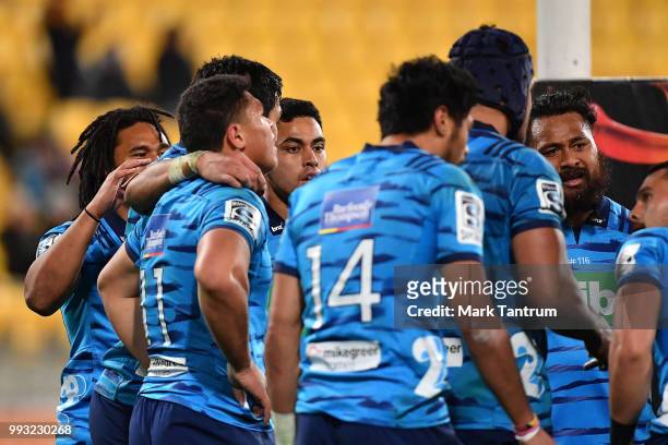 The Blues regroup after conceeding a try during the round 18 Super Rugby match between the Hurricanes and the Blues at Westpac Stadium on July 7,...