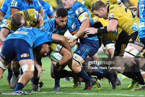 Ngani Laumape of the Hurricanes crosses the line to score during the round 18 Super Rugby match between the Hurricanes and the Blues at Westpac...