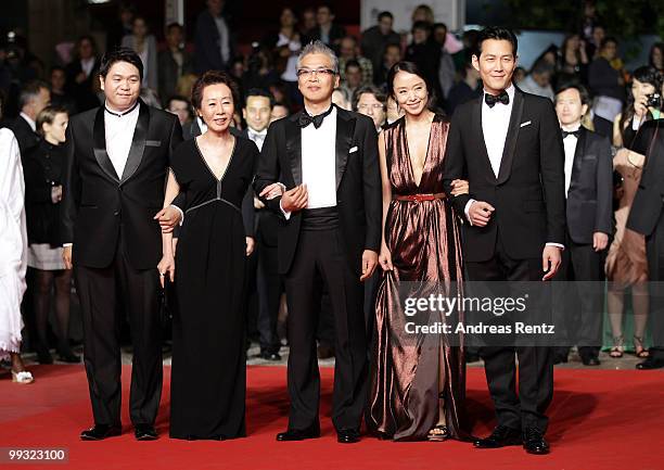 Actor Jason Chae, actress Youn Yuh-Jung, director Im Sang-Soo with Jeon Do-Youn and actor Lee Jung-Jae attends 'The Housemaid' Premiere at the Palais...