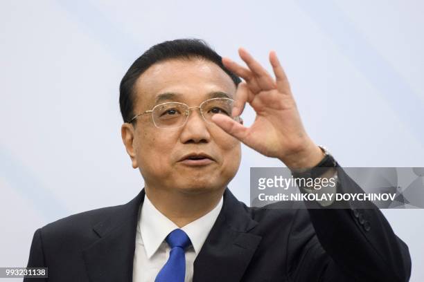 Chinese Premier Li Keqiang speaks during a joint news conference with Bulgarian Prime minister part of the seventh meeting of heads of government of...