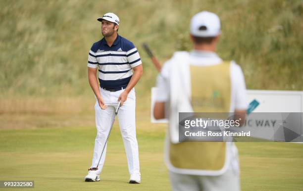 Jon Rahm of Spain reacts after a missed putt on the seventh hole during the third round of the Dubai Duty Free Irish Open at Ballyliffin Golf Club on...
