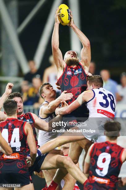 Max Gawn of the Demons marks the ball during the round 16 AFL match between the Melbourne Demons and the Fremantle Dockers at TIO Stadium on July 7,...