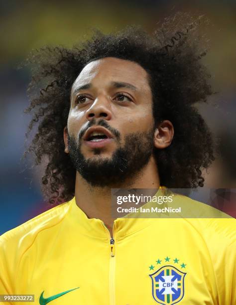 Marcelo of Brazil is seen during the 2018 FIFA World Cup Russia Quarter Final match between Brazil and Belgium at Kazan Arena on July 6, 2018 in...