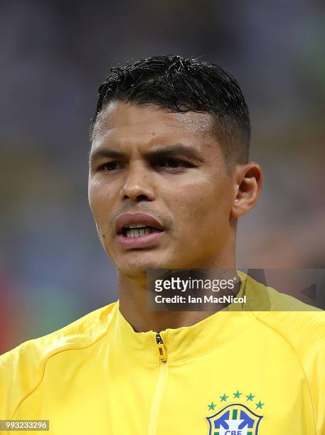 Thiago Silva of Brazil is seen during the 2018 FIFA World Cup Russia Quarter Final match between Brazil and Belgium at Kazan Arena on July 6, 2018 in...