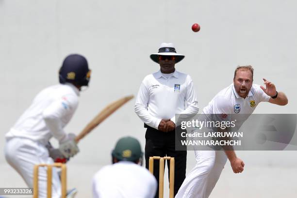 Shaun von Berg of South Africa delivers the ball to Dananjaya de Silva of Sri Lanka Board XI during the opening day of a two-day practice match...