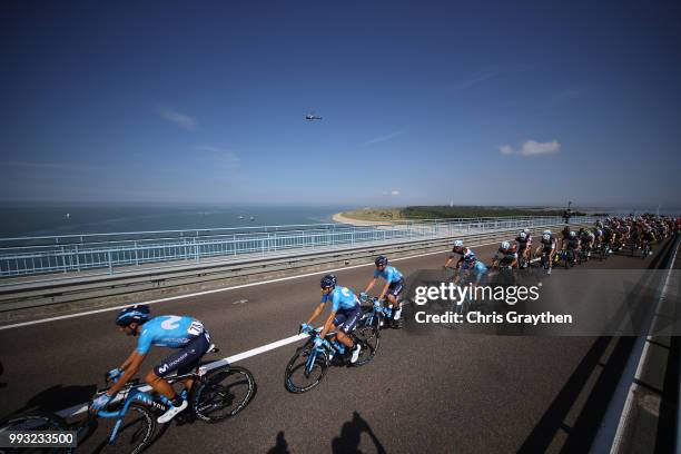 Alejandro Valverde of Spain and Movistar Team / Andrey Amador of Costa Rica and Movistar Team / Landscape / Peloton / Bridge / during the 105th Tour...