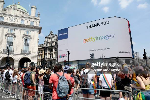 General view of the Getty Images logo on the big screen at Piccadilly Circus during Pride In London on July 7, 2018 in London, England. It is...