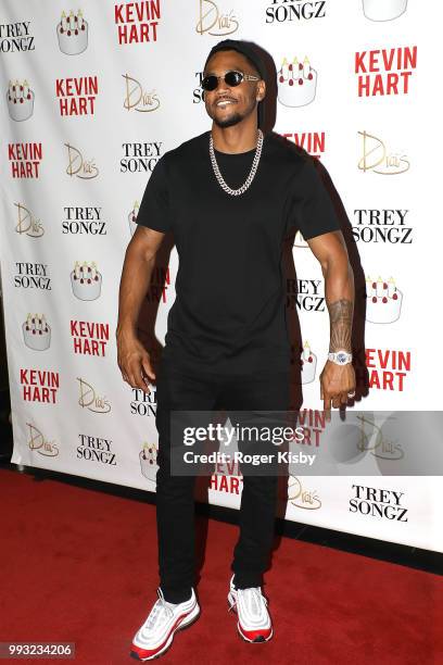 Recording artist Trey Songz arrives at birthday party for Kevin Hart at Drai's Beach Club - Nightclub at The Cromwell Las Vegas on July 8, 2018 in La...