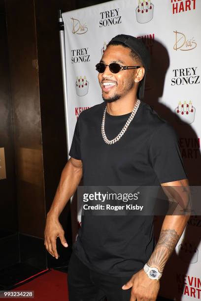 Recording artist Trey Songz arrives at birthday party for Kevin Hart at Drai's Beach Club - Nightclub at The Cromwell Las Vegas on July 8, 2018 in La...