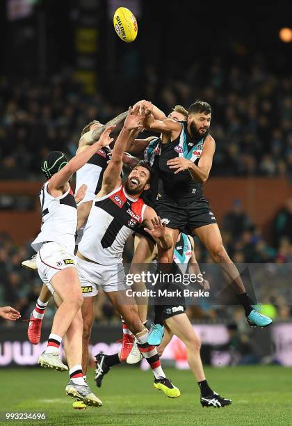 Paddy Ryder of Port Adelaide spoils over Billy Longer of the Saints during the round 16 AFL match between the Port Adelaide Power and the St Kilda...