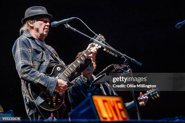 Neil Young performs onstage headlining the mainstage at The Plains of Abraham in The Battlefields Park during day 2 of the 51st Festival d'ete de...