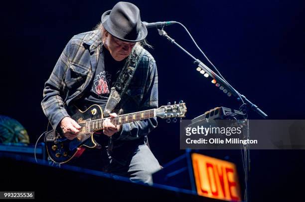 Neil Young performs onstage headlining the mainstage at The Plains of Abraham in The Battlefields Park during day 2 of the 51st Festival d'ete de...