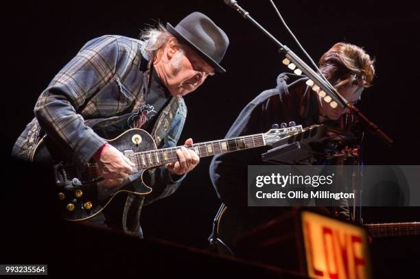 Neil Young performs onstage headlining the mainstage at The Plains of Abraham in The Battlefields Park during day 2 of the 51st Festival d'ete de...