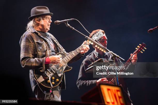 Neil Young performs onstage headlining the mainstage at The Plains of Abraham in The Battlefields Park during day 2 of the 51st Festival d'ete de...