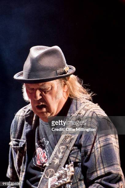 Neil Young performs onstage headlining the mainstage at The Plains of Abraham in The Battlefields Park during day 2 of the 51st Festival d'ete de...