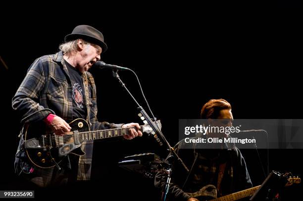 Neil Young performs onstage headlining the mainstage at The Plains of Abraham in The Battlefields Park during day 2 of the 51st Festival d'ete de...