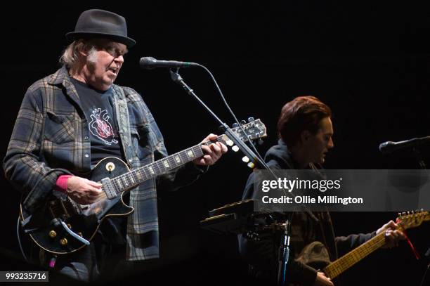 Neil Young performs onstage headlining the mainstage at The Plains of Abraham in The Battlefields Park during day 2 of the 51st Festival d'ete de...