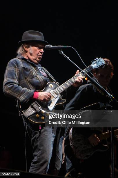 Neil Young performs onstage headlining the mainstage at The Plains of Abraham in The Battlefields Park during day 2 of the 51st Festival d'ete de...