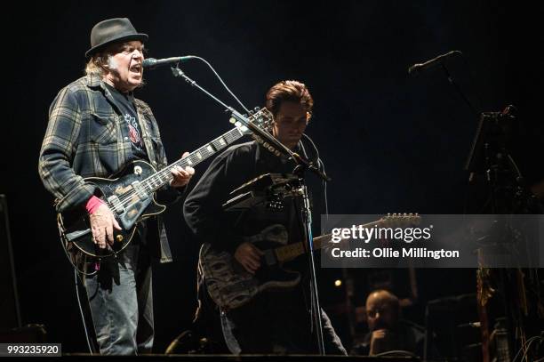 Neil Young performs onstage headlining the mainstage at The Plains of Abraham in The Battlefields Park during day 2 of the 51st Festival d'ete de...