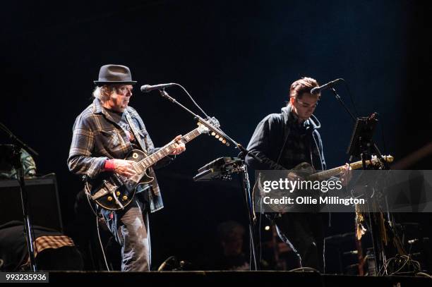 Neil Young performs onstage headlining the mainstage at The Plains of Abraham in The Battlefields Park during day 2 of the 51st Festival d'ete de...