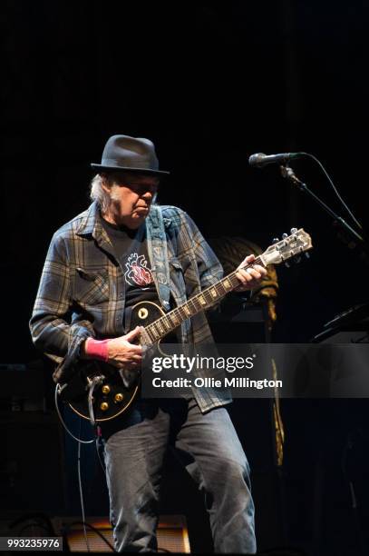 Nil Young performs onstage headlining the mainstage at The Plains of Abraham in The Battlefields Park during day 2 of the 51st Festival d'ete de...