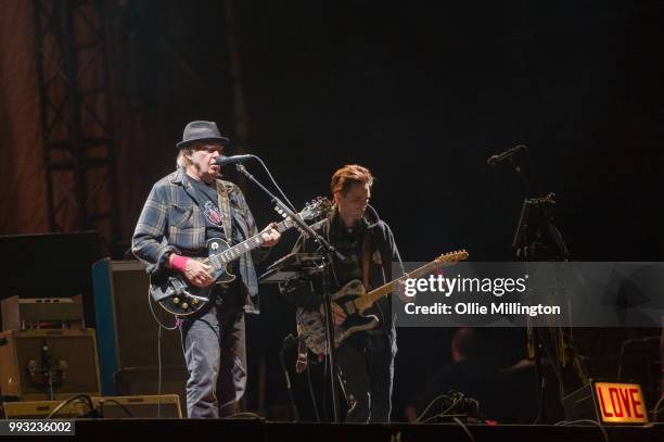 Neil Young performs onstage headlining the mainstage at The Plains of Abraham in The Battlefields Park during day 2 of the 51st Festival d'ete de...