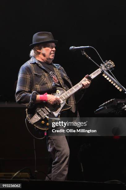 Neil Young performs onstage headlining the mainstage at The Plains of Abraham in The Battlefields Park during day 2 of the 51st Festival d'ete de...