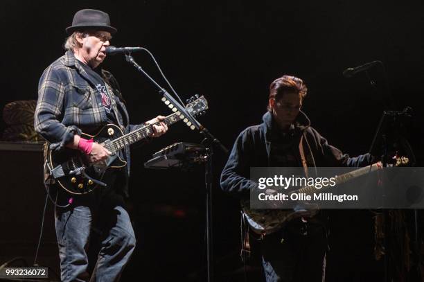 Neil Young performs onstage headlining the mainstage at The Plains of Abraham in The Battlefields Park during day 2 of the 51st Festival d'ete de...