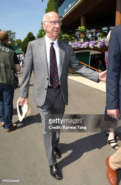Sir Bobby Charlton attends day six of the Wimbledon Tennis Championships at the All England Lawn Tennis and Croquet Club on July 7, 2018 in London,...