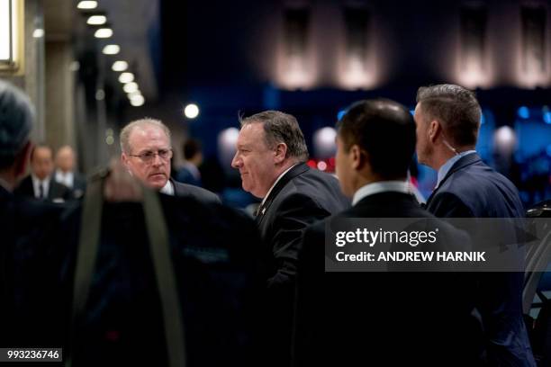 Secretary of State Mike Pompeo arrives at the Imperial Hotel in Tokyo on July 7, 2018. - Pompeo insisted that two days of talks with his North Korean...