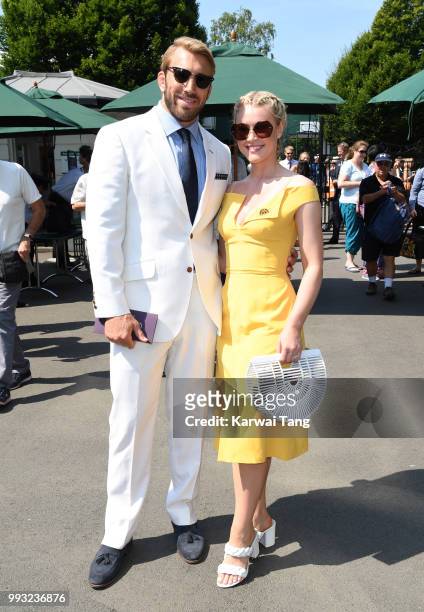 Chris Robshaw and Camilla Kerslake attend day six of the Wimbledon Tennis Championships at the All England Lawn Tennis and Croquet Club on July 7,...