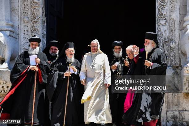 Pope Francis arrives to deliver his speech next to Ecumenic Patriarch of the Orthodox Church Bartolomeo I , Egypt's Coptic Orthodox Pope Tawadros II...