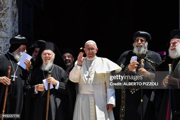 Pope Francis arrives to deliver his speech next to Ecumenic Patriarch of the Orthodox Church Bartolomeo I , Egypt's Coptic Orthodox Pope Tawadros II...