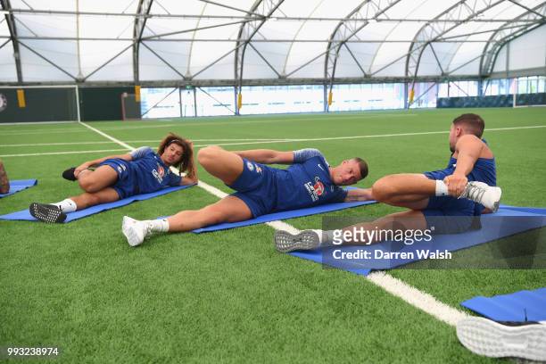 Ross Barkley and Danny Drinkwater of Chelsea during a training session at Chelsea Training Ground on July 7, 2018 in Cobham, England.